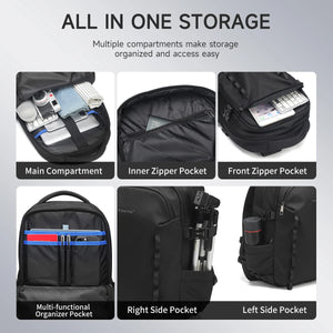 Black waterproof travel backpack with multiple zip pockets and inner divider pocket views