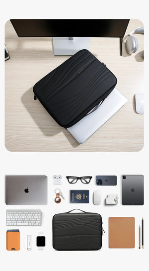 Black laptop sleeve with textured quilted padding on desk, front zipper visible.