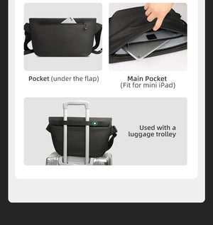 Black crossbody bag with pocket under flap, main pocket for mini iPad, and trolley strap.