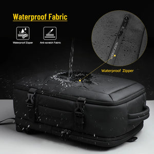 Black backpack with waterproof fabric look, sealed seams, and water-shedding surface.
