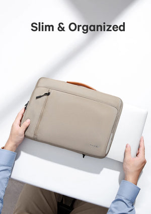 Beige slim laptop bag with zipper front pocket and padded protection