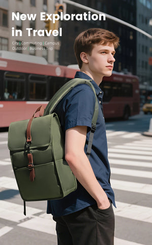 Green backpack worn by person in side profile, with brown front strap and buckles