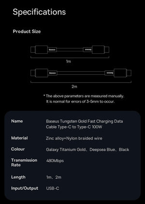 BASEUS Tungsten Gold 100W USB-C to USB-C Fast Charging Cable