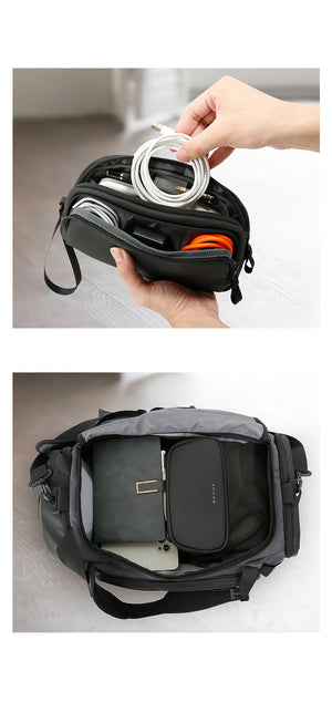 Black tech storage bag with cables and devices packed inside