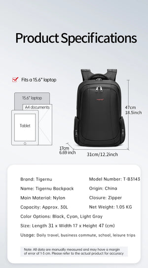 TIGERNU B3143 Large Capacity Waterproof Travel Backpack with USB Charging Port