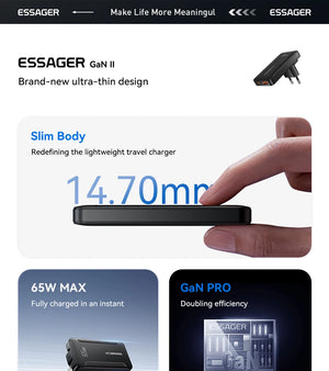 ESSAGER 65W Ultra Thin GaN Pro Travel USB Charger with Quick Charge 4.0 and PD3.0 - Black