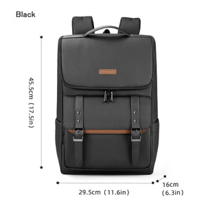 Black commuter backpack with front flap, two buckled straps, and zippered pockets
