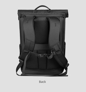 Black roll-top backpack back view with padded back panel and straps
