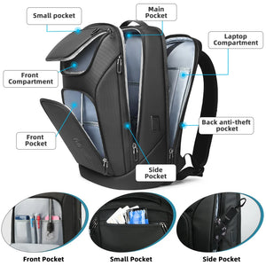 Black backpack with front, main, and side pockets, plus laptop compartment overview