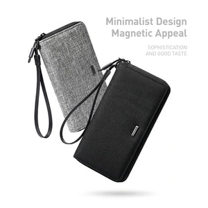 Men's long clutch wallets set, black and gray textured fabric, wrist straps, zipper closure