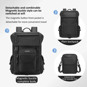 Black detachable messenger backpack with magnetic buckle front pocket and adjustable straps