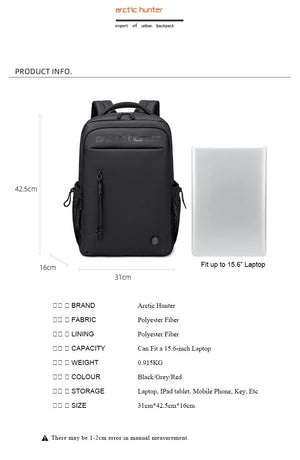 Black ARCTIC HUNTER travel backpack with front zip pocket and 15.6-inch laptop fit