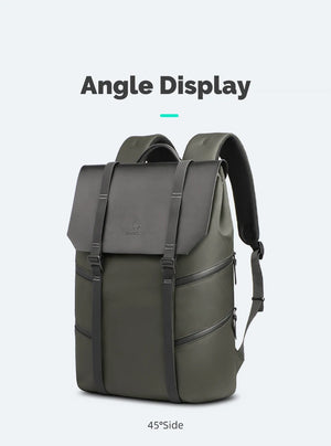 Waterproof travel backpack shown from a 45-degree angle, with front flap and straps