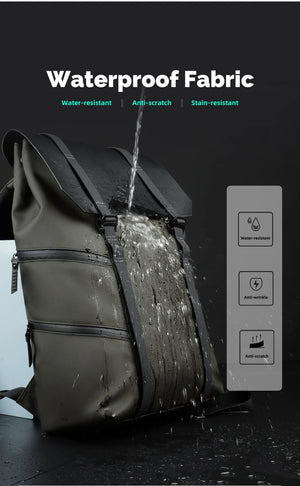 Green waterproof fabric travel backpack surface with visible water beading