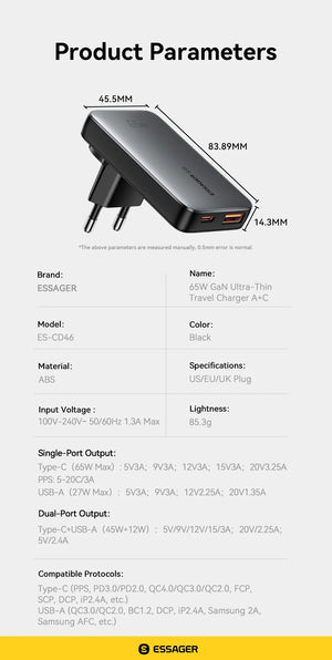 ESSAGER 65W Ultra Thin GaN Travel USB Charger with Quick Charge 4.0, PD3.0 - Black
