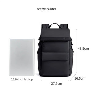 Waterproof travel backpack front panel with storage sized for 15.6-inch laptop
