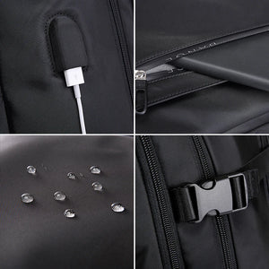 Black backpack detail view with zipper, side pocket hardware, and charging cable port