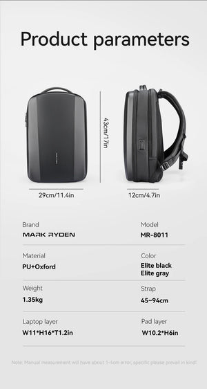 MARK RYDEN MR8011 Hard Shell Waterproof Travel Backpack with USB Charging Port
