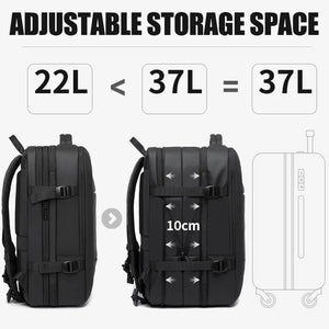Black travel backpack with adjustable expandable storage capacity marked 22L to 37L