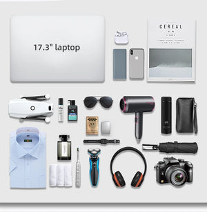 Travel backpack accessory layout with 17.3-inch laptop sleeve and organizer pouches