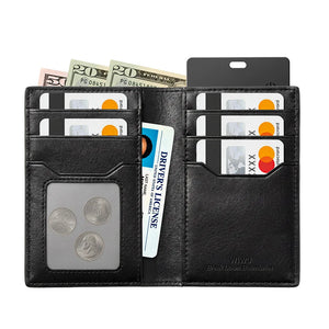 Black leather card holder wallet open with card slots and clear ID window.