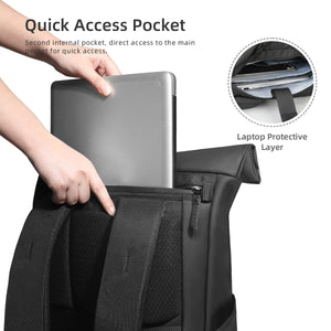 Black roll-top backpack quick access pocket with protective laptop layer inside