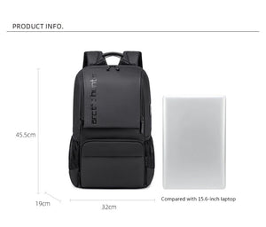 Black travel backpack with two front zip sections and padded adjustable shoulder straps