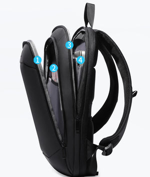 Black expandable travel backpack with multiple front pockets and padded shoulder straps