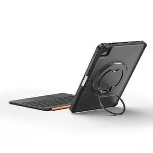 Black tablet case with rotatable stand and detachable keyboard, orange side accent