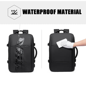 Black waterproof-style travel backpack with smooth front panel and top handle