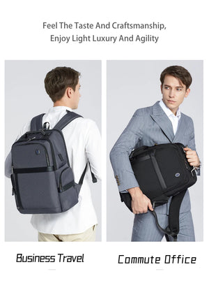 Black waterproof backpack with front zipper pocket and adjustable shoulder straps for travel