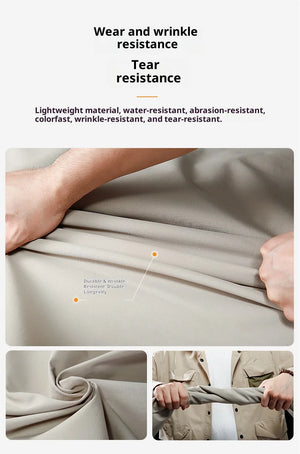 Light grey waterproof travel backpack fabric, shown in hands with crease resistance