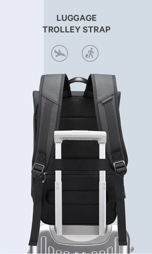 Black roll-top waterproof travel backpack with luggage trolley strap and back carry handle