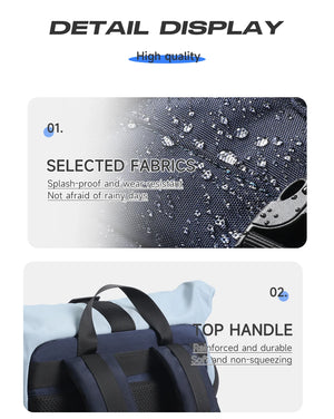 Top handle and dark textured waterproof fabric detail on blue travel backpack.