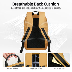 Yellow and black compact waterproof backpack back view with padded straps and front pocket