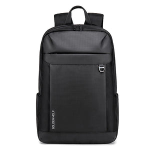 Black rectangular backpack with front pocket zipper and top carrying handle