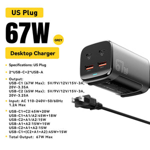 ESSAGER 67W GaN USB-C Desktop Charger with Quick Charge 3.0, PPS and PD3.1 - Black