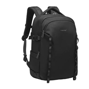 Lightweight waterproof travel backpack, black, with front zipper pocket and side straps