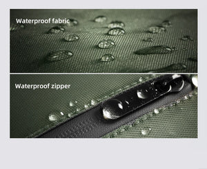 Green waterproof fabric with water droplets and sealed zipper detail
