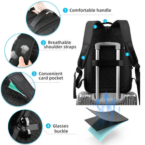 Black backpack with padded shoulder straps, breathable back panel, and side buckle clasp