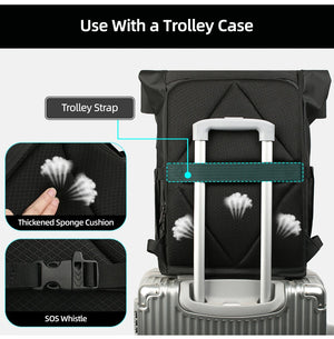 Black roll-top travel backpack with trolley strap and cushioned back padding
