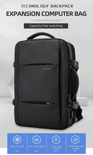 Black expansion computer bag style backpack with front panel and padded shoulder straps