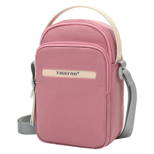 TIGERNU S8810 compact waterproof crossbody bag, pink, zip front pocket, gray shoulder strap