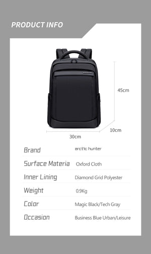 ARCTIC HUNTER expandable waterproof travel backpack, black, size and front view