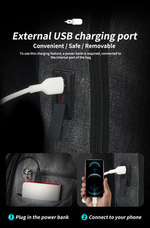 Grey backpack with external USB charging port for powering a phone via cable