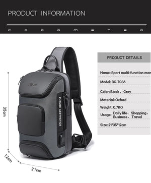 Grey and black crossbody sling bag with top flap, front zip pocket, and strap.