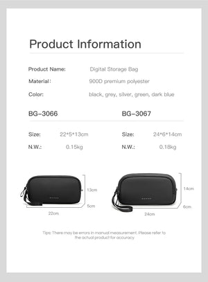 Tech storage bag product info graphic with sizes for BG-3066 and BG-3067