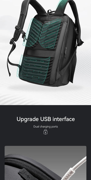 Black waterproof travel backpack with front dual charging USB access and secure zippers