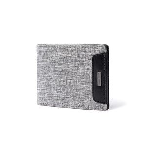 Gray minimalist bifold card wallet with fabric texture and side slip pocket