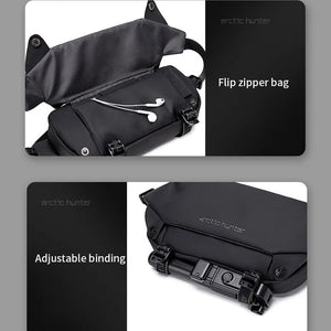 Black crossbody bag with flap-zip design and front pocket hardware